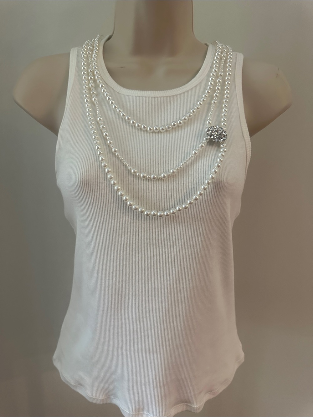 NWT Joie White Ribbed Tank with Faux Pearl Draped Accent
